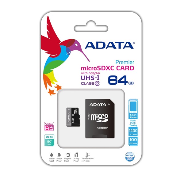 ADATA Memóriakártya MicroSDXC 64GB + Adapter UHS-I CL10 (50/10) (AUSDX64GUICL10-RA1)