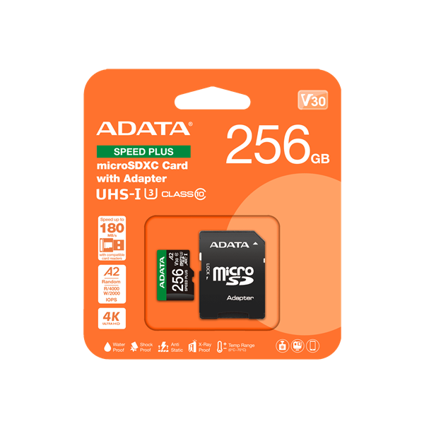 ADATA Memóriakártya MicroSDXC 256GB + Adapter SPEED PLUS UHS-I U3 (180/160) (UD256GUI3V30A2SP-RA1)