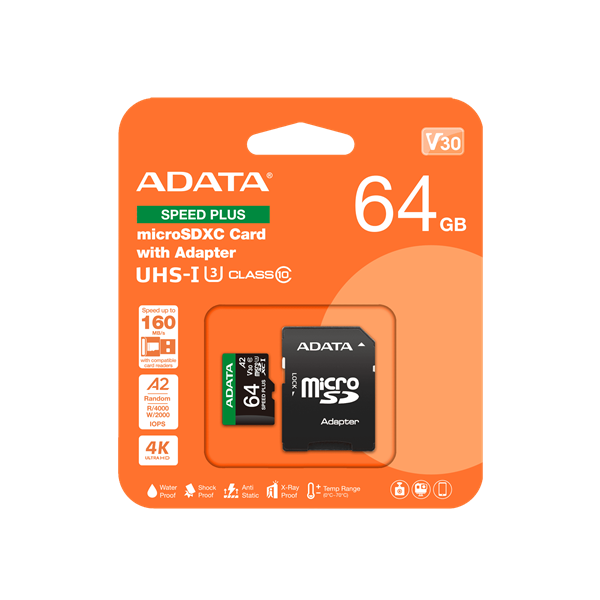 ADATA Memóriakártya MicroSDXC 64GB + Adapter SPEED PLUS UHS-I U3 (160/140) (UD64GUI3V30A2SP-RA1)