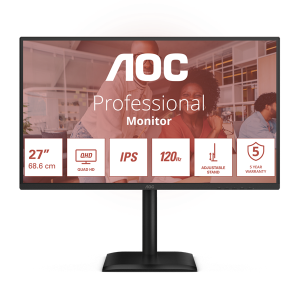 AOC IPS monitor 27" Q27E4U 2560x1440, 16:9, 350cd/m2, 4ms, HDMI/DisplayPort/4xUSB, hangszóró, 120 Hz, áll.mag., pivot (Q27E4U)