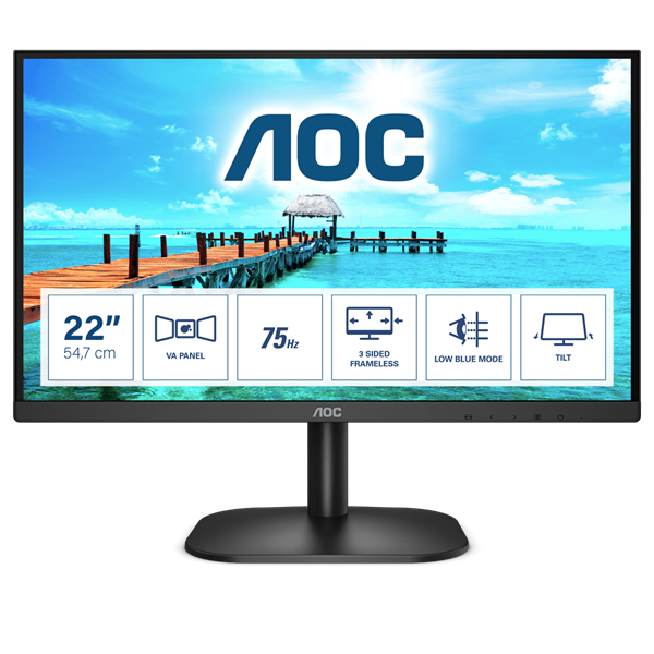 AOC VA monitor 21.5" 22B2H/EU, 1920x1080, 16:9, 250cd/m2, 4ms, VGA/HDMI (22B2H/EU)