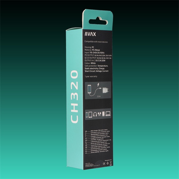 AVAX Hálózati töltő USB-A USB-C 20W, fehér (AVAX_CH320)