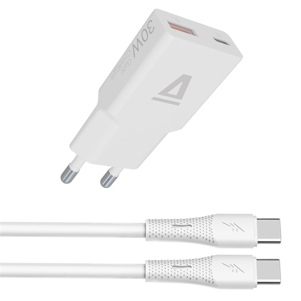 AVAX Hálózati töltő USB-A USB-C 30W + USB-C kábel, fehér (AVAX_CH6413)