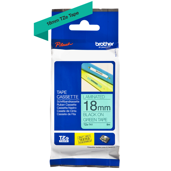 BROTHER szalag TZe-741, Zöld alapon Fekete, Laminált, 18mm  0.7", 8 méter (TZE741)
