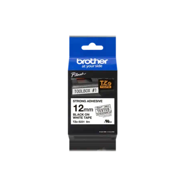 BROTHER szalag TZe-S231, Fehér alapon Fekete, Erős tapadású, 12mm  0.47", 8 méter (TZES231)