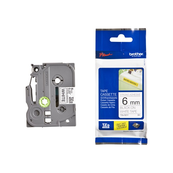 BROTHER szalag TZe-S211, Fehér alapon Fekete, Erős tapadású, 6mm  0.23", 8 méter (TZES211)