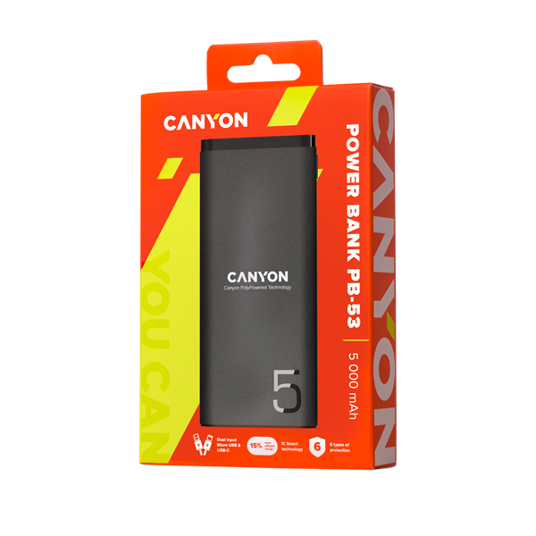 CANYON Powerbank, 5000mAh, USB-C/microUSB Input, 1xUSB Output, 5V-2,1A, fekete - CNE-CPB05B (CNE-CPB05B)