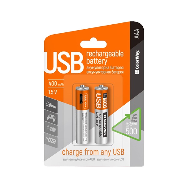 COLORWAY AAA újratölthető elem, CW-UBAAA-01 Rechargeable Battery micro USB 400 mAh 1.5V (2pcs.) (CW-UBAAA-01)