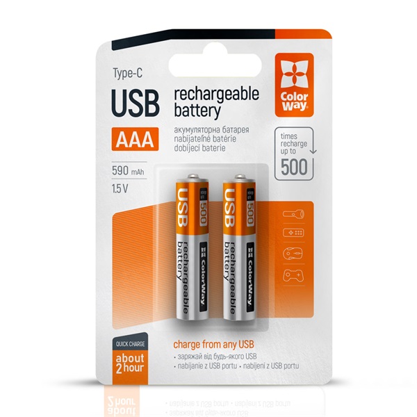 COLORWAY AAA újratölhető elem, USB-C 590 mAh 1.5B (Li-Polymer) (2pc.) (CW-UBAAA-09)