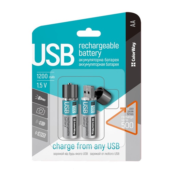 COLORWAY AA újratölthető elem, CW-UBAA-02 Rechargeable Battery USB 1200 mAh 1.5V (2pcs.) (CW-UBAA-02)