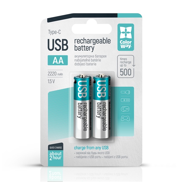 COLORWAY AA újratölhető elem, USB-C 2200 mAh 1.5B (Li-Polymer) (2pc.) (CW-UBAA-10) (CW-UBAA-10)