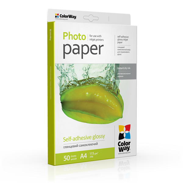 COLORWAY Fotópapír, fényes öntapadó (glossy self-adhesive), 115 - 80g/m2, A4, 50 lap (PGS1158050A4)