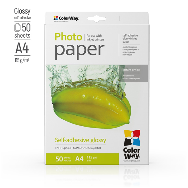 COLORWAY Fotópapír, fényes öntapadó (glossy self-adhesive), 115 - 80g/m2, A4, 50 lap (PGS1158050A4)