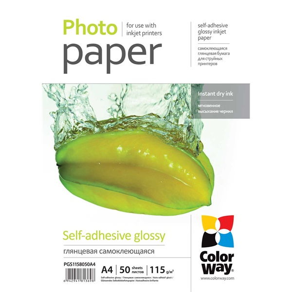 COLORWAY Fotópapír, fényes öntapadó (glossy self-adhesive), 115 - 80g/m2, A4, 50 lap (PGS1158050A4)