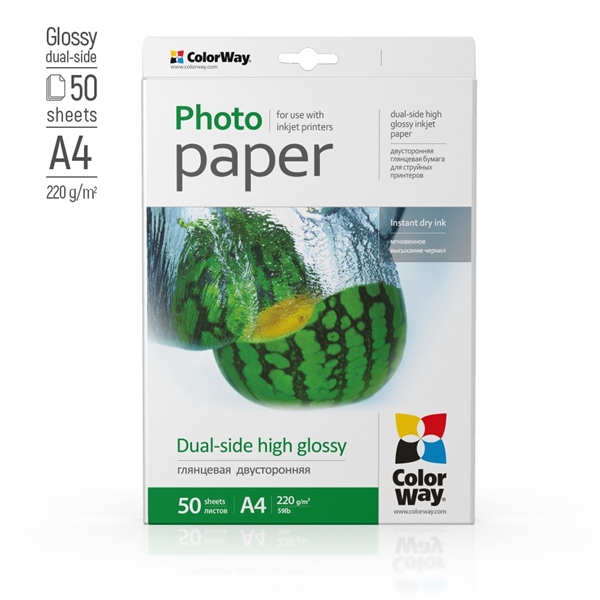 COLORWAY Fotópapír, kétoldalas magasfényű (dual-side high glossy), 220 g/m2, A4, 50 lap (PGD220050A4)