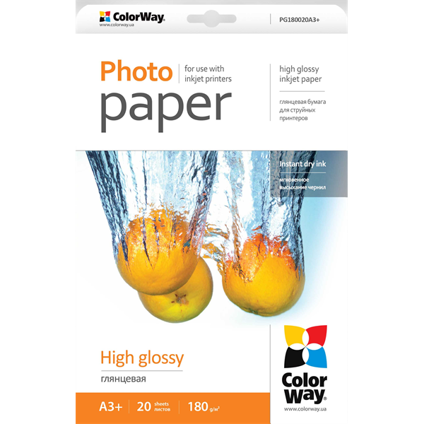 COLORWAY Fotópapír, magasfényű (high glossy), 180 g/m2, A3+, 20 lap (PG180020A3+)