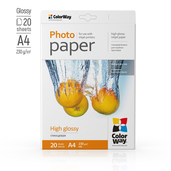 COLORWAY Fotópapír, magasfényű (high glossy), 230 g/m2, A4, 20 lap (PG230020A4)