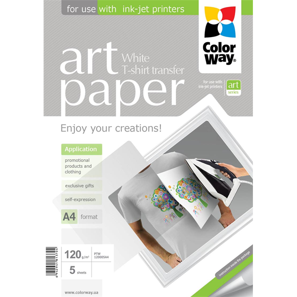 COLORWAY Fotópapír, pólóra vasalható (ART T-shirt transfer, white), 120 g/m2, A4, 5 lap (PTW120005A4)