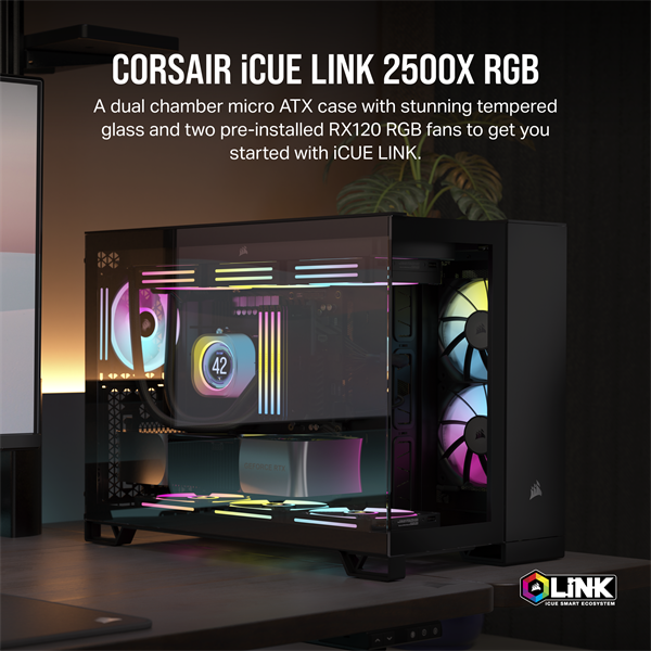 CORSAIR Ház Micro-ATX iCUE LINK 2500X RGB, Tápegység nélkül, Edzett Üveg, fekete (CC-9011267-WW)