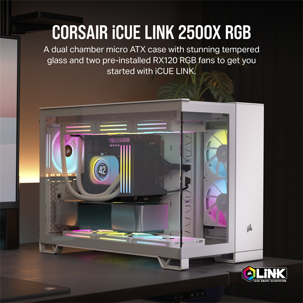 CORSAIR Ház Micro-ATX iCUE LINK 2500X RGB, Tápegység nélkül, Edzett Üveg, fehér (CC-9011268-WW)