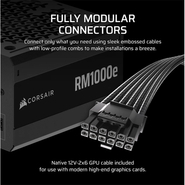 CORSAIR Tápegység Moduláris, RM1000e, 1000W, 12cm, ATX 3.1, PCIe 5.1, BOX, Cybenetics Gold (CP-9020297-EU)