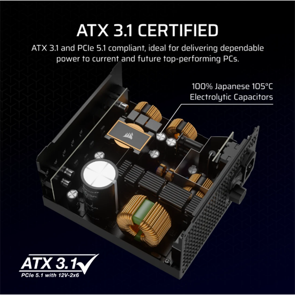 CORSAIR Tápegység Moduláris, RM1000x, 1000W, ATX3.1, PCIe5.1, 14cm, Cybenetics Gold (CP-9020271-EU)