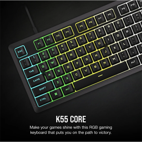 CORSAIR Vezetékes Billentyűzet Gaming, K55 CORE RGB, Médiavezérlő gombok, Cseppálló, US, fekete (CH-9226C65-NA)