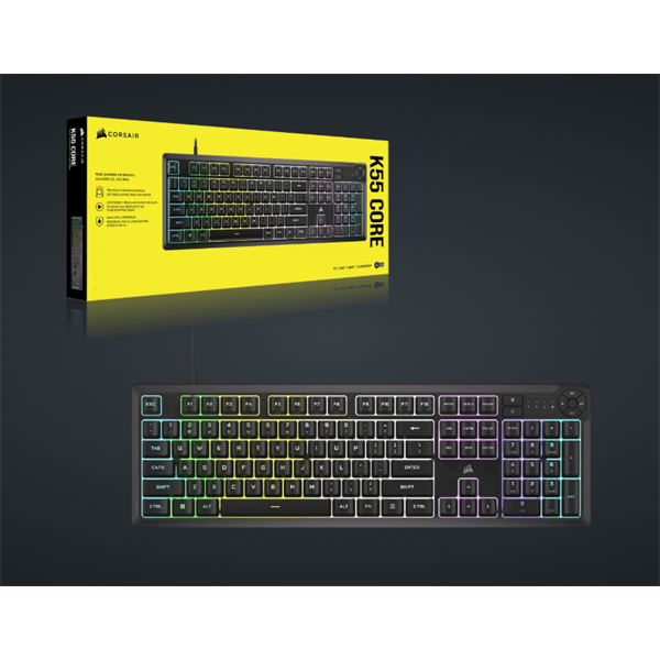 CORSAIR Vezetékes Billentyűzet Gaming, K55 CORE RGB, Médiavezérlő gombok, Cseppálló, US, fekete (CH-9226C65-NA)