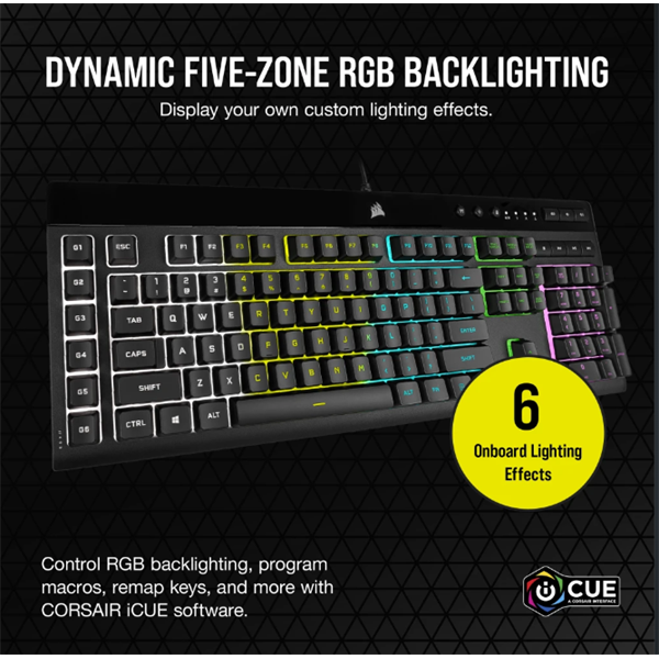 CORSAIR Vezetékes Billentyűzet Gaming, K55 RGB PRO, 6 programozható billentyű, Cseppálló, Csuklótámasz, US, fekete (CH-9226765-NA)