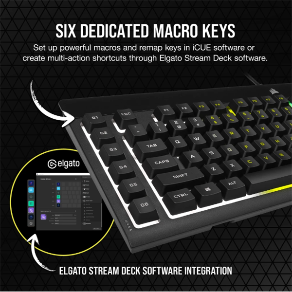 CORSAIR Vezetékes Billentyűzet Gaming, K55 RGB PRO, 6 programozható billentyű, Cseppálló, Csuklótámasz, US, fekete (CH-9226765-NA)
