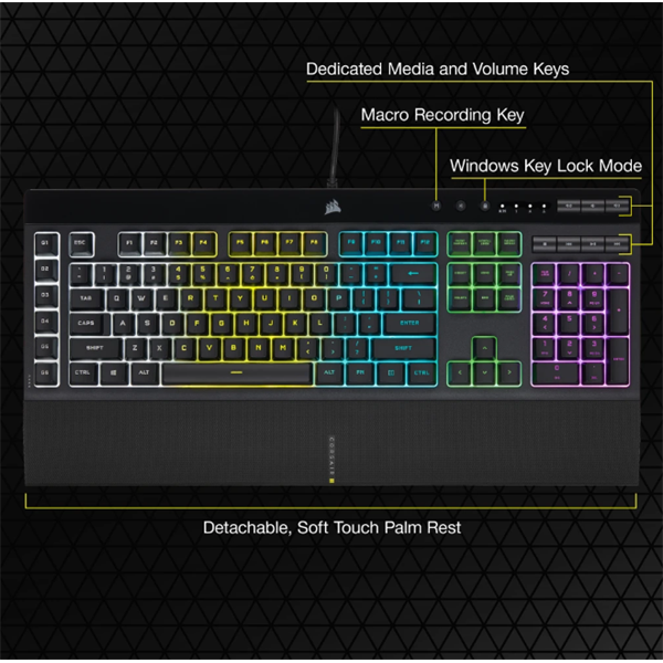 CORSAIR Vezetékes Billentyűzet Gaming, K55 RGB PRO, 6 programozható billentyű, Cseppálló, Csuklótámasz, US, fekete (CH-9226765-NA)