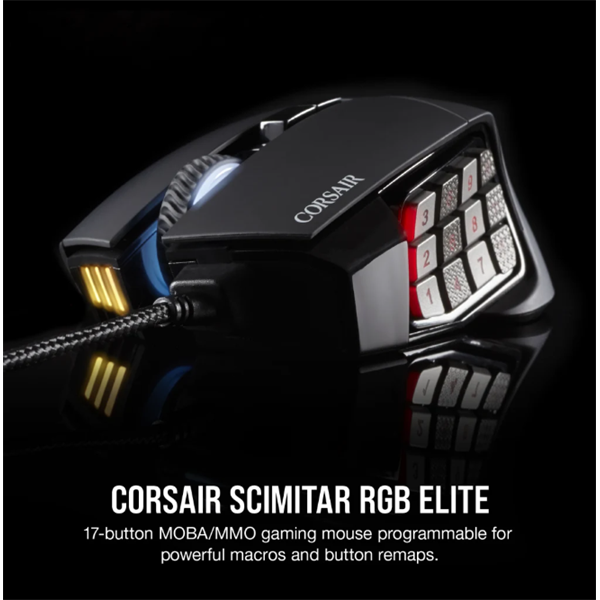 CORSAIR Vezetékes Egér Gaming, SCIMITAR RGB ELITE, 17 programozható gomb, RGB Világítás, 18000dpi, fekete (CH-9304211-EU)