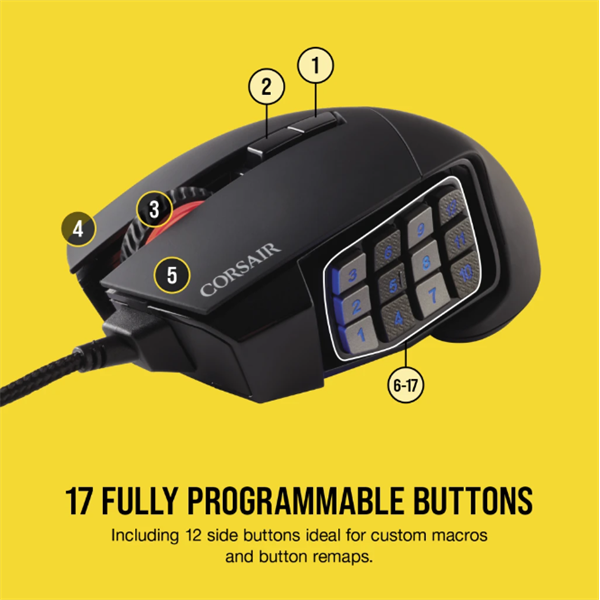CORSAIR Vezetékes Egér Gaming, SCIMITAR RGB ELITE, 17 programozható gomb, RGB Világítás, 18000dpi, fekete (CH-9304211-EU)