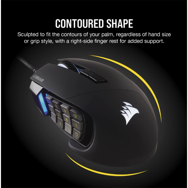 CORSAIR Vezetékes Egér Gaming, SCIMITAR RGB ELITE, 17 programozható gomb, RGB Világítás, 18000dpi, fekete (CH-9304211-EU)