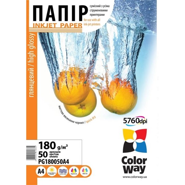 COLORWAY Fotópapír, magasfényű (high glossy), 180 g/m2, A4, 50 lap (PG180050A4)