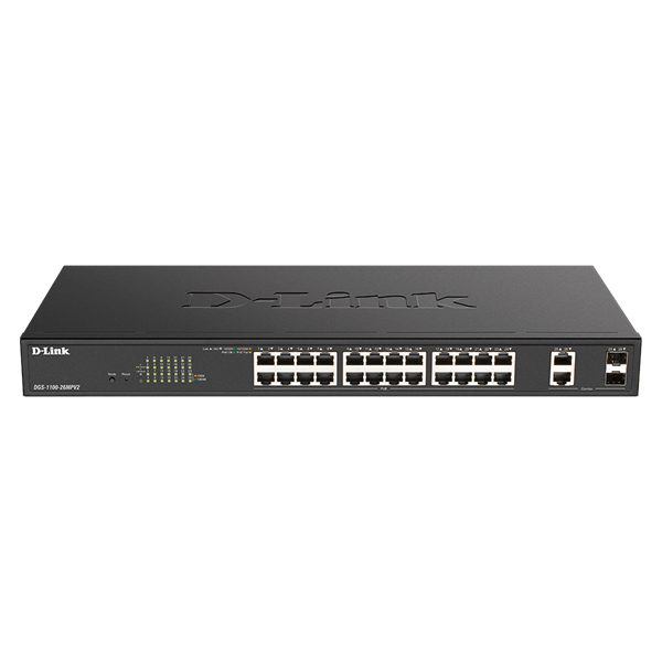 D-LINK Switch 24x1000Mbps (24xPOE) + 2xGigabit kombó SFP Fémházas Menedzselhető Rackes, DGS-1100-26MPV2/E (DGS-1100-26MPV2/E)