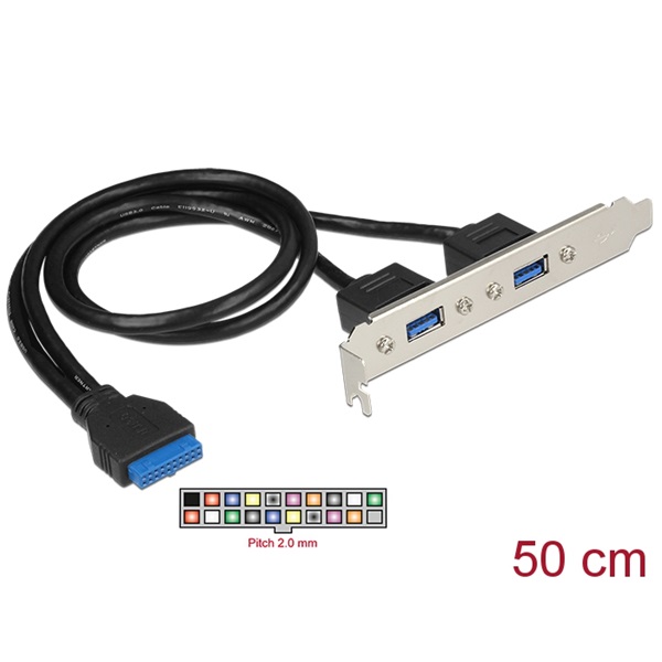 DELOCK Hátlapi kivezetés 1x 19 pin USB 3.0 pin header female belső > 2x USB 3.0 Type-A female külső (84836)