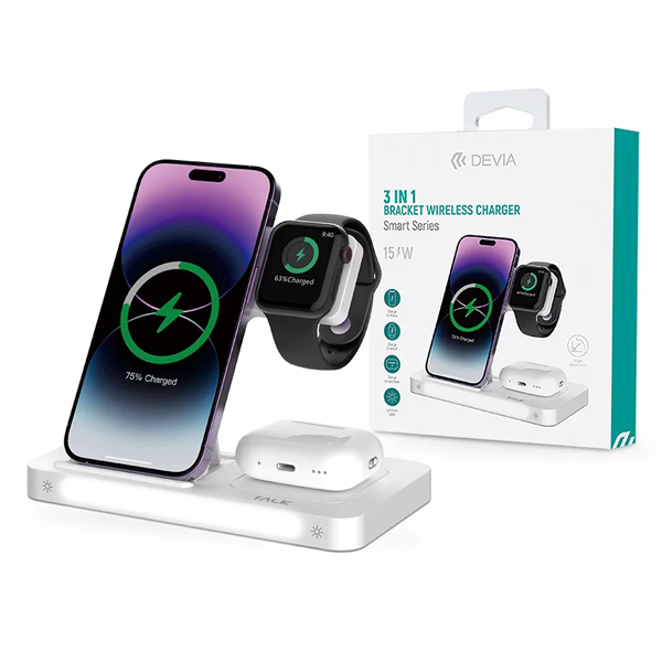 DEVIA QI UNIVERZÁLIS VEZETÉK NÉLKÜLI TÖLTŐ ÁLLOMÁS - 15W - 3in1: SMARTPHONE + IWATCH + AIRPODS - FEHÉR (ST379857)