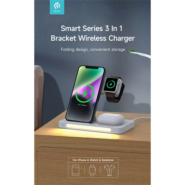 DEVIA QI UNIVERZÁLIS VEZETÉK NÉLKÜLI TÖLTŐ ÁLLOMÁS - 15W - 3in1: SMARTPHONE + IWATCH + AIRPODS - FEHÉR (ST379857)