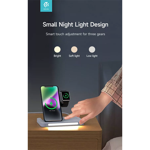 DEVIA QI UNIVERZÁLIS VEZETÉK NÉLKÜLI TÖLTŐ ÁLLOMÁS - 15W - 3in1: SMARTPHONE + IWATCH + AIRPODS - FEHÉR (ST379857)
