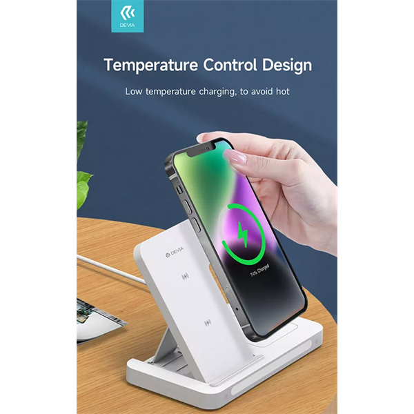 DEVIA QI UNIVERZÁLIS VEZETÉK NÉLKÜLI TÖLTŐ ÁLLOMÁS - 15W - 3in1: SMARTPHONE + IWATCH + AIRPODS - FEHÉR (ST379857)