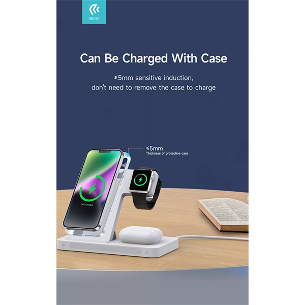 DEVIA QI UNIVERZÁLIS VEZETÉK NÉLKÜLI TÖLTŐ ÁLLOMÁS - 15W - 3in1: SMARTPHONE + IWATCH + AIRPODS - FEHÉR (ST379857)