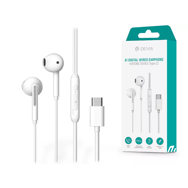 DEVIA UNIVERZÁLIS SZTEREÓ FELVEVŐS FÜLHALLGATÓ - TYPE-C - KINTONE SERIES A1 DIGITAL WIRED EARPHONE - FEHÉR (ST379802)