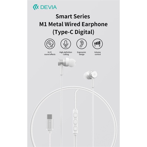 Devia Smart Series M1 Metal In-Ear sztereó fülhallgató - USB-C (Type-C), ezüst (ST108783)