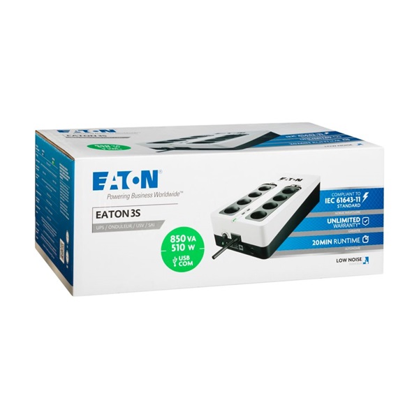 EATON UPS 3S Gen2 UPS DIN, 850VA, 510W, Input: Schuko, Outputs: 8x Schuko, szünetmentes tápegység, USB (9400-A303)