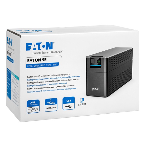 EATON UPS 5E700UD, 5e Gen2, IEC, 700VA, 360W, Input: Schuko, Outputs: (2) DIN, Line-interaktív szünetmentes, AVR, torony (9C00-53241)