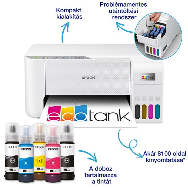 EPSON EcoTank L3276 A4, MFP, színes, 5760x1440 DPI, 33 lap/perc, USB/Wifi fehér tintasugaras nyomtató