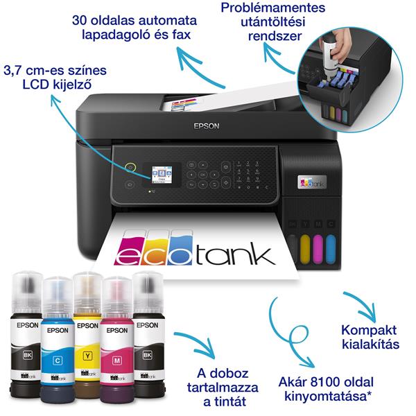 EPSON EcoTank L5310 A4, színes multifunkciós nyomtató ADF USB/WiFi/LAN 8100/6500 oldal tintával