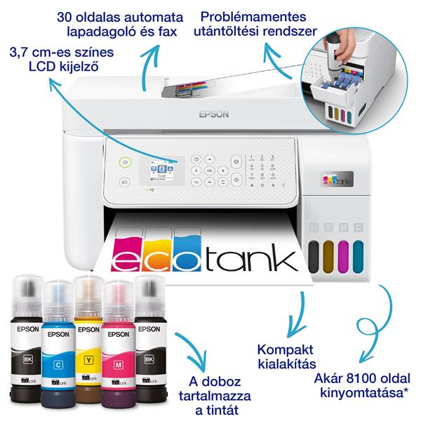 EPSON EcoTank L5316 A4, színes multifunkciós nyomtató ADF USB/WiFi/LAN 8100/6500 oldal tintával