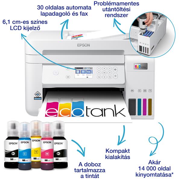 EPSON EcoTank L6276 A4, MFP, színes, 4800x1200 DPI, 33 lap/perc, duplex, ADF, USB/Wifi/LAN fehér tintasugaras nyomtató